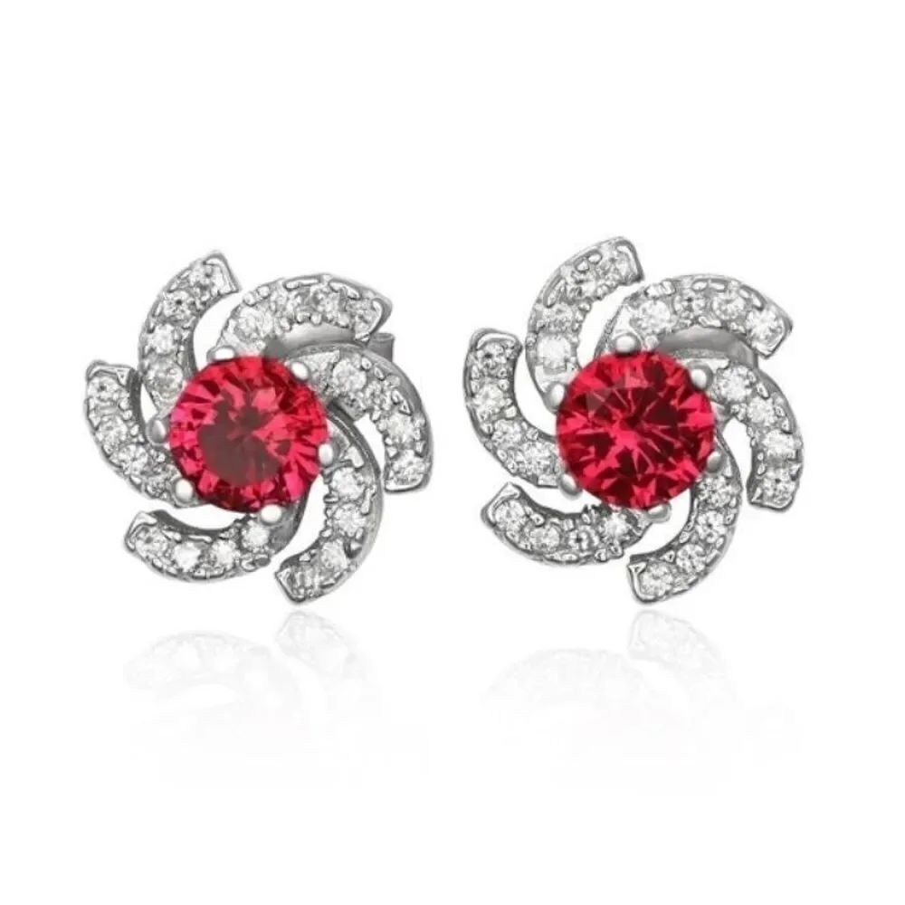New~Ruby/White Topaz Pinwheel Earrings~925 Sterling Silver